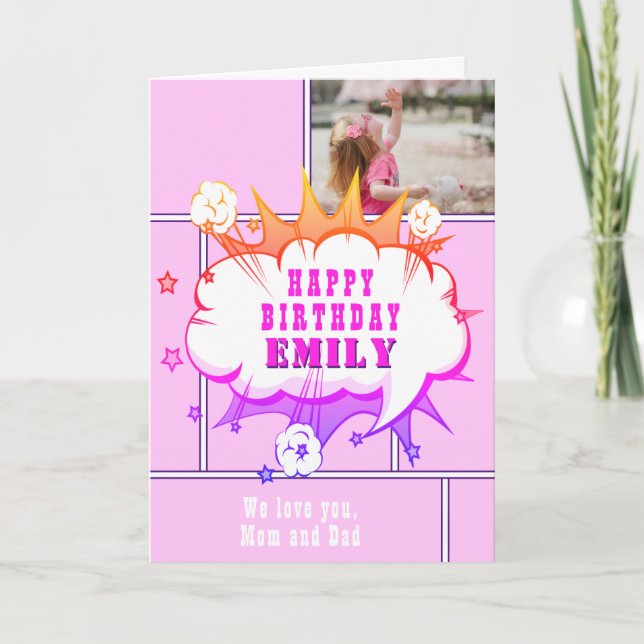 Pink Superhero Comic Speech Bubble Girl Birthday C Card (Front)