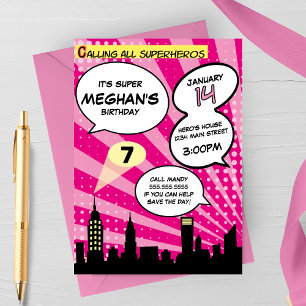Pink Superheros Comic Book Styled Birthday Party Invitation