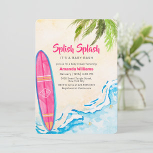 Pink Surf Plam Tree Beach Baby Shower   Invitation