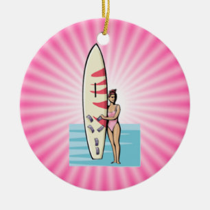 Pink Surfer Girl Ceramic Tree Decoration