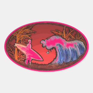 Pink surfer waves beach scene artistic stickers