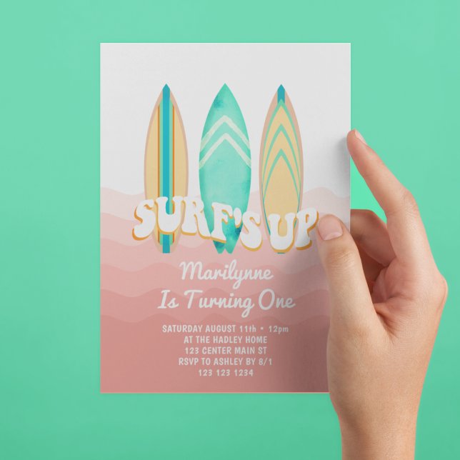 Pink Surfs Up Surfboard 1st Birthday Invitation (Creator Uploaded)