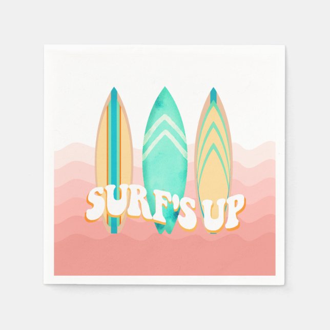 Pink Surfs Up Surfboard Birthday Napkin (Front)