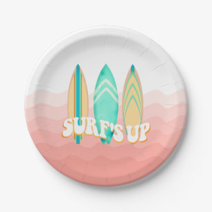Pink Surfs Up Surfboard Birthday Paper Plate