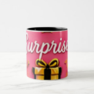 Pink "Surprise!" Gift Box Sticker – Festive Two-Tone Coffee Mug