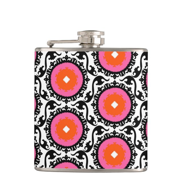 Pink Suzani Pattern Hip Flask (Front)