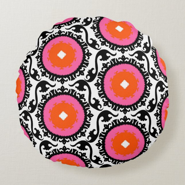 Pink Suzani Pattern Round Cushion (Front)