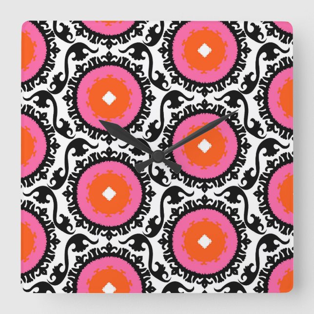 Pink Suzani Pattern Square Wall Clock (Front)