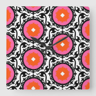 Pink Suzani Pattern Square Wall Clock