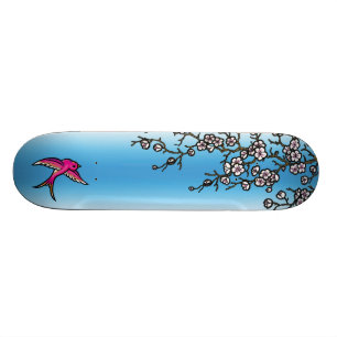Pink Swallow and Cherry Blossom Deck Skateboard