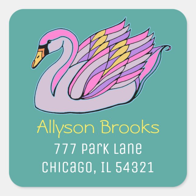 Pink Swan Art, Name, Return Address, Teal Square Sticker (Front)