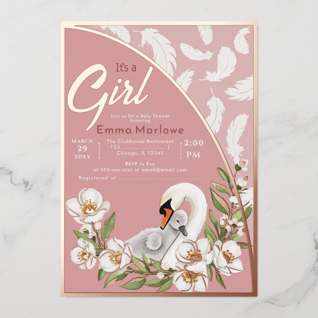 Pink Swan Baby Foil Invitation (Front)