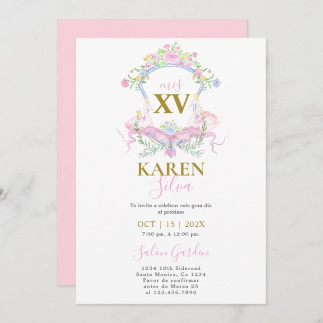 Pink Swan Crest Quinceanera Invitation (Front/Back)