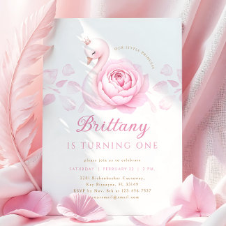 Pink Swan Floral First Birthday Invitation