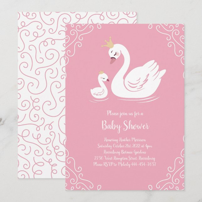 Pink Swans Baby Shower Bird with Crown Invitation (Front/Back)