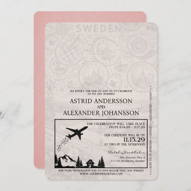 Pink Sweden Passport Wedding Invitation (Front/Back)
