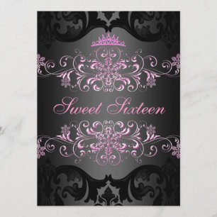 Pink Sweet16 Elegant Tiara Damask Birthday Invite