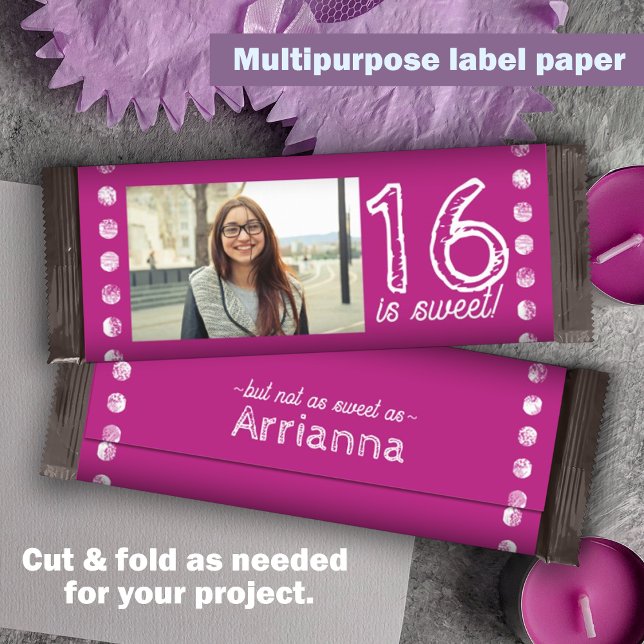 Pink Sweet 16 Birthday Candy Bar Wrapper (hot pink sweet 16 sixteen candy bar wrapper, party chocolate bar wrapper personalized customized)