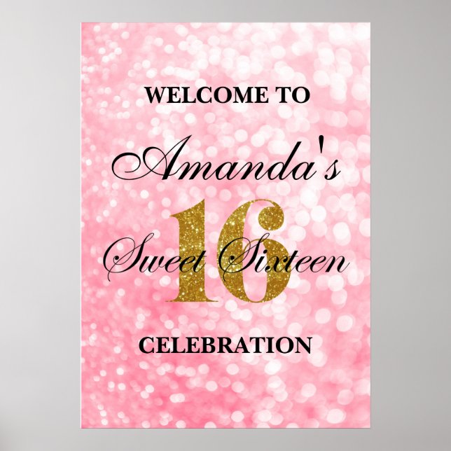 Pink Sweet 16 Gold Glitter Lights Welcome Poster (Front)