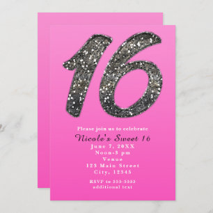 Pink Sweet 16 Silver Glitter Party Invitations