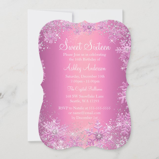 Pink Sweet 16 Winter Wonderland Sparkle Snowflakes Invitation (Front)