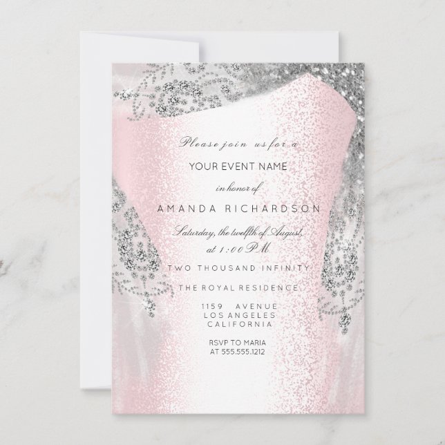 Pink Sweet 16th Bridal Silver Grey Diamond Dress Invitation (Front)