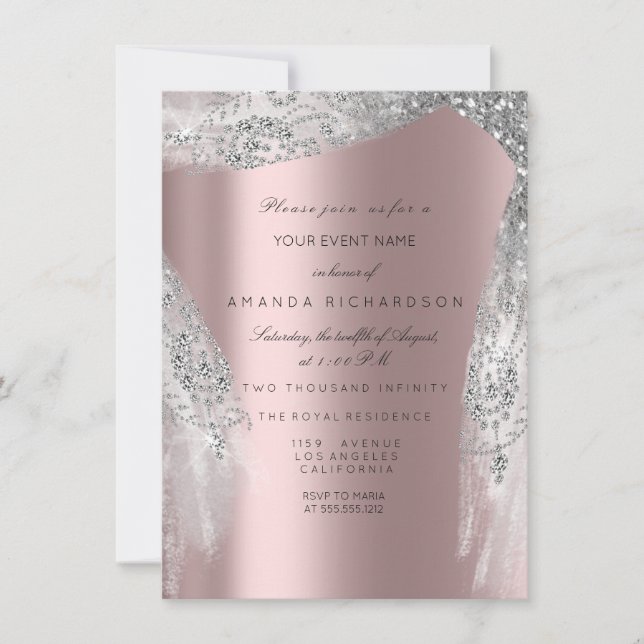 Pink Sweet 16th Bridal Silver Grey Rose Dress Invitation (Front)