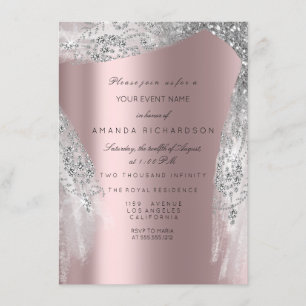 Pink Sweet 16th Bridal Silver Grey Rose Dress Invitation