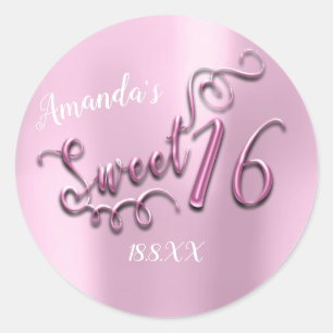 Pink Sweet 16th Script Heart Balloons Girly Classic Round Sticker