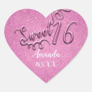 Pink Sweet 16th White Heart Glitter Sparky Sticker