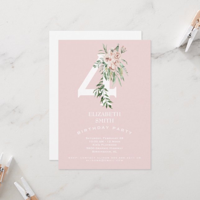 Pink Sweet 4TH Birthday Party Invitation (Front/Back In Situ)