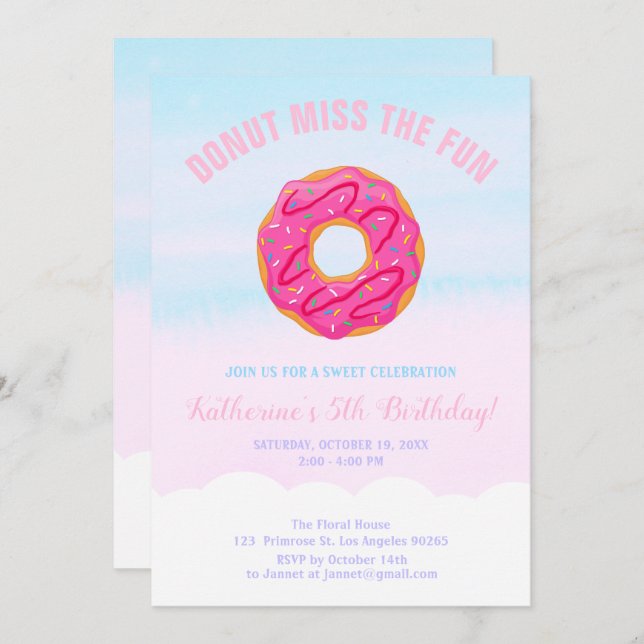 Pink Sweet Baby Girl Doughnut Miss The Fun Birthda Invitation (Front/Back)