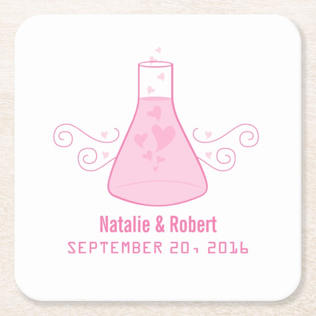 Pink Sweet Chemistry Wedding Paper Coasters (Front)