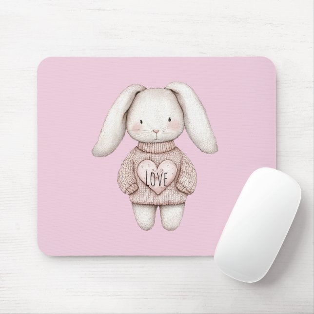 Pink Sweet Cute Bunny Pink Sweater Heart Mouse Pad (With Mouse)