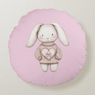 Pink Sweet Cute Bunny Pink Sweater Heart Round Cushion