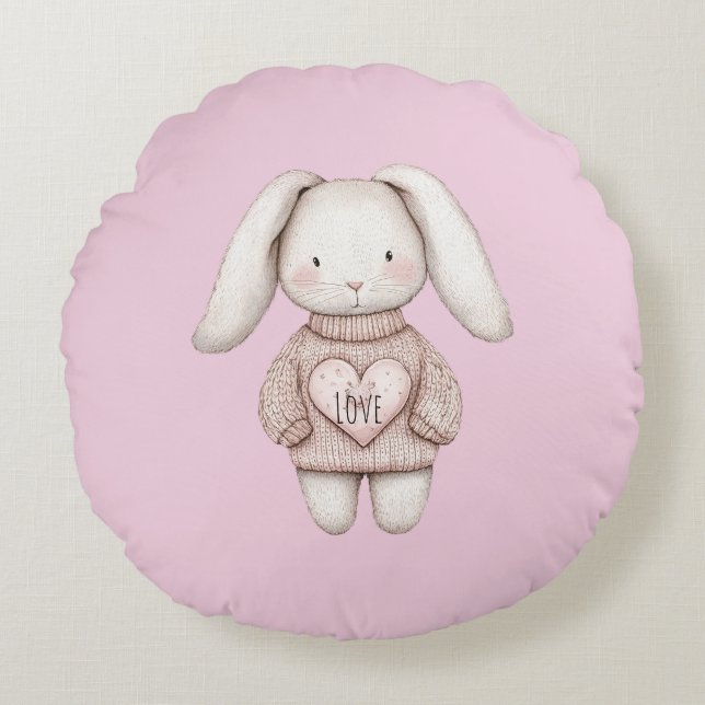 Pink Sweet Cute Bunny Pink Sweater Heart Round Cushion (Front)