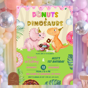 Pink Sweet Doughnut & Dinos Joint Sibling Birthday Invitation
