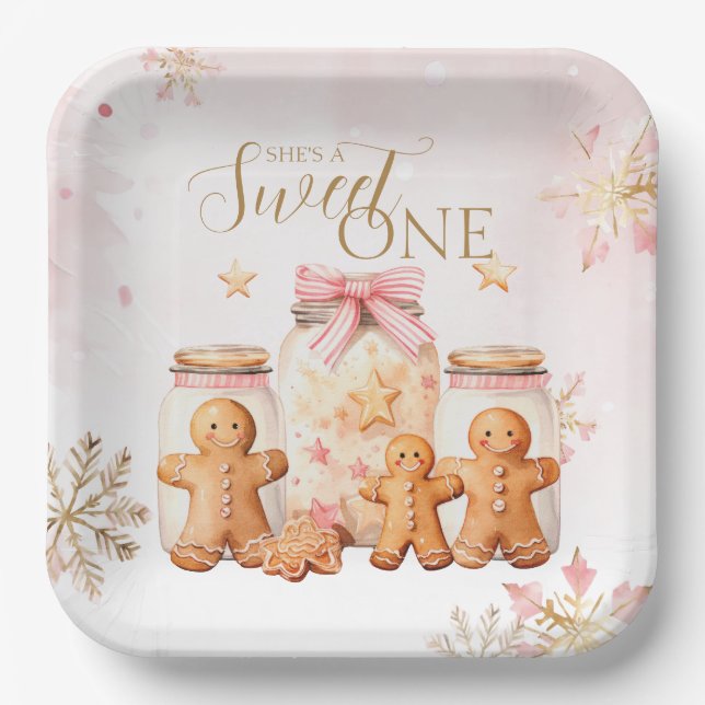 Pink Sweet Gingerbread Christmas Girl Birthday Paper Plate (Front)