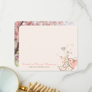 Pink Sweet Heart & Butterflies Floral Chic Wedding Thank You Card