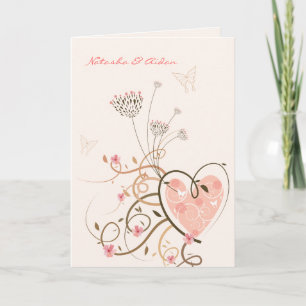 Pink Sweet Heart & Butterfly Swirls Wedding Card