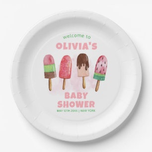 Pink Sweet Ice Cream Popcicle Baby Shower Welcome  Paper Plate