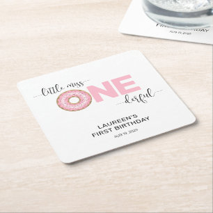 Pink Sweet Little MIss 1st Birthday  Square Paper Coaster