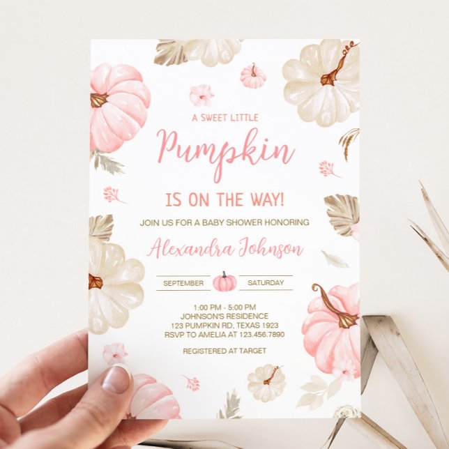 Pink Sweet Little Pumpkin Fall Baby Shower Invitation (Girl Sweet Little Pumpkin Fall Baby Invitation)