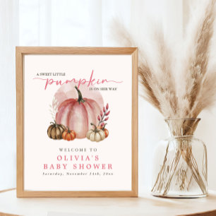Pink Sweet Little Pumpkin Girl Baby Shower Welcome Poster