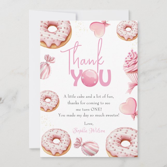 Pink Sweet One Birthday Thank You Card (Front)