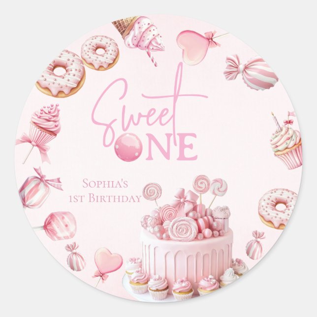 Pink Sweet One Round Favor Stickers (Front)