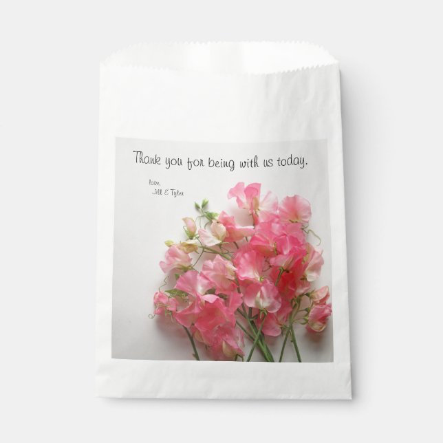 Pink sweet pea bouquet favour bag (Front)