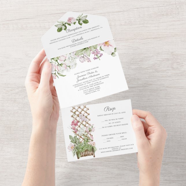 Pink Sweet Peas and Roses Wedding All In One Invitation (Tearaway)