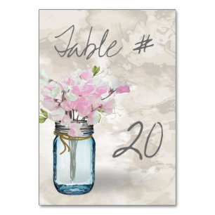 PINK SWEET PEAS VINTAGE MASON JAR WATERCOLOR TABLE NUMBER