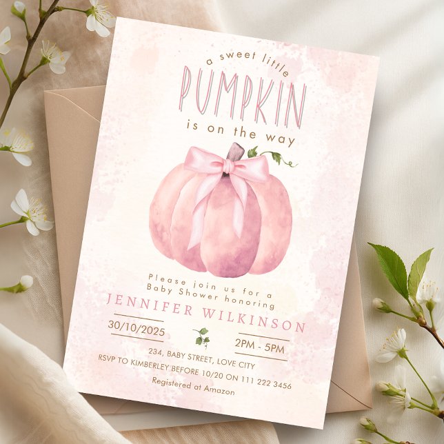 Pink Sweet Pumpkin Bow Halloween Baby Shower Invitation (Pink Sweet Pumpkin Bow Halloween Baby Shower Invitation)